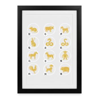 Horoscope animalier du zodiaque chinois du Nouvel An chinois - Affiche encadrée (27 × 37 cm) - noir - Devant