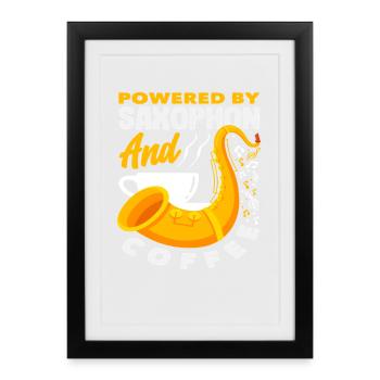 Propulsé par un saxophone et un saxophoniste à café - Affiche encadrée (27 × 37 cm) - noir - Devant