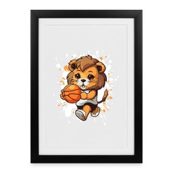 Lion basketteur : héros cartoon de jeu - Affiche encadrée (27 × 37 cm) - noir - Devant