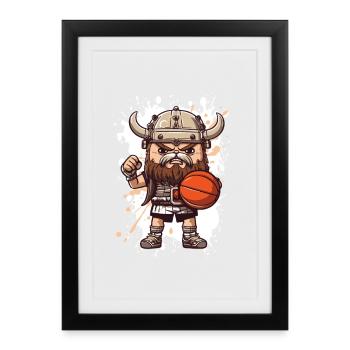 Dessin animé du Guerrier du basketball viking - Affiche encadrée (27 × 37 cm) - noir - Devant