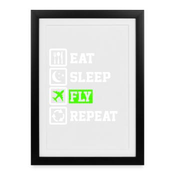 Mange, Dors, Vole, Répéte, Pilote drôle, Voyage, Aviation L - Affiche encadrée (27 × 37 cm) - noir - Devant