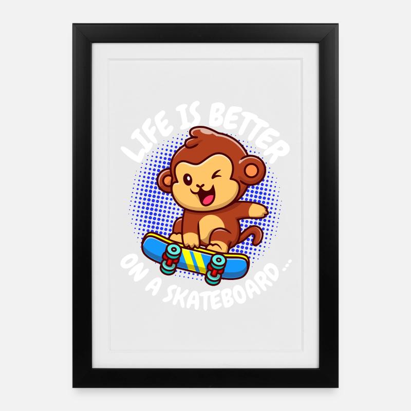 La vie est meilleure Skateboard Monkey Monkey - Affiche encadrée (27 × 37 cm) - noir