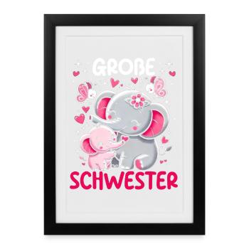Grande Sœur Éléphant Frère ou Sœur Aînée - Affiche encadrée (27 × 37 cm) - noir - Devant