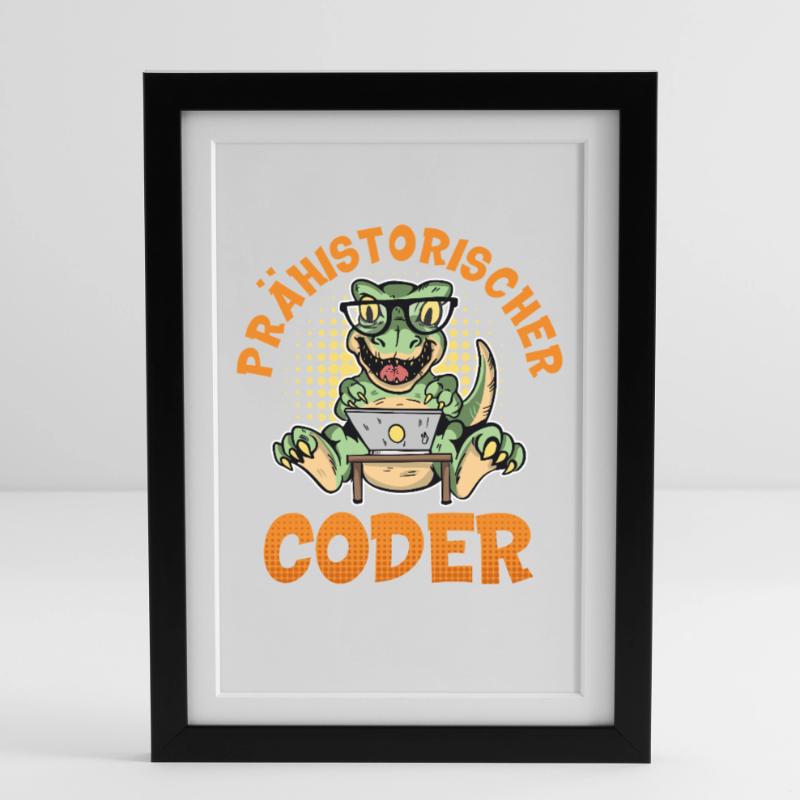 Coding PRÄHISTORISCHER CODER Lustiges Gerahmtes Poster (27 × 37 cm)