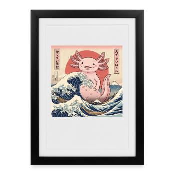 Kawaii Kaiju Axolotl In Big Wave Japan - Framed poster (27 × 37 cm) - black - Front