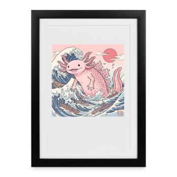 Mignons Kaiju Axolotl dans la vague japonaise - Affiche encadrée (27 × 37 cm) - noir - Devant