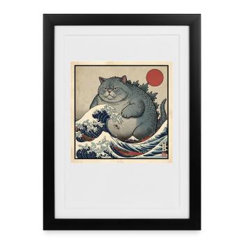 Monstre chat kaiju dans la mer de vagues japonaise - Affiche encadrée (27 × 37 cm) - noir - Devant