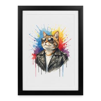 Chat avec des lunettes de soleil, Chat Cool - Affiche encadrée (27 × 37 cm) - noir - Devant
