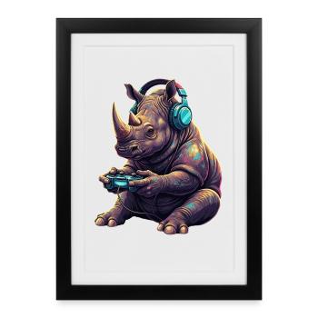 Rhino Gaming Animal Video Games Funny Rhino - Framed poster (27 × 37 cm) - black - Front