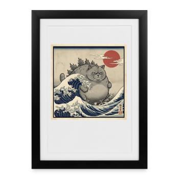 Chat kaiju dans la mer de vagues japonaise - Affiche encadrée (27 × 37 cm) - noir - Devant