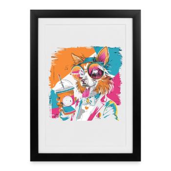 Po Art Dog with Drink Colorful Comic Design - Framed poster (27 × 37 cm) - black - Front
