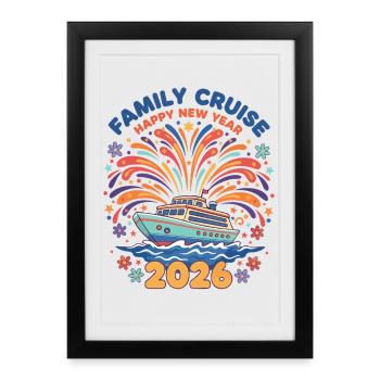 Croisière en famille Bonne année 2026 Feux d’artifice - Affiche encadrée (27 × 37 cm) - noir - Devant