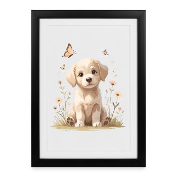 Chiot tendre sur la prairie fleurie - Affiche encadrée (27 × 37 cm) - noir - Devant
