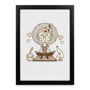 Fille de yoga avec chien et chat – Namaste & Amour - Affiche encadrée (27 × 37 cm) - noir - Devant