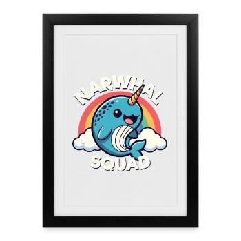 Escadron des Narwhals Dessin animé mignon, animal marin arc-en-ciel - Affiche encadrée (27 × 37 cm) - noir - Devant