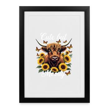 Cute but Moody Highland Cow & Sunflowers - Framed poster (27 × 37 cm) - black - Front