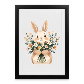 Lapin avec bouquet de printemps - Affiche encadrée (27 × 37 cm) - noir - Devant