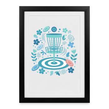 Panier de disc golf, décor floral de disc golf volant Divertissement - Affiche encadrée (27 × 37 cm) - noir - Devant