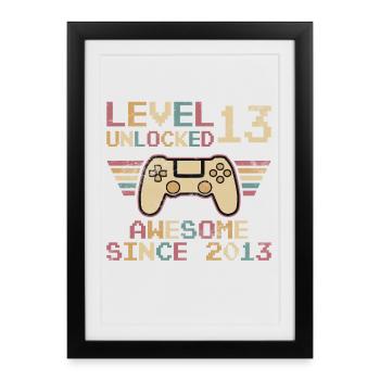 13e anniversaire garçons Gamer niveau 13 débloqué - Affiche encadrée (27 × 37 cm) - noir - Devant