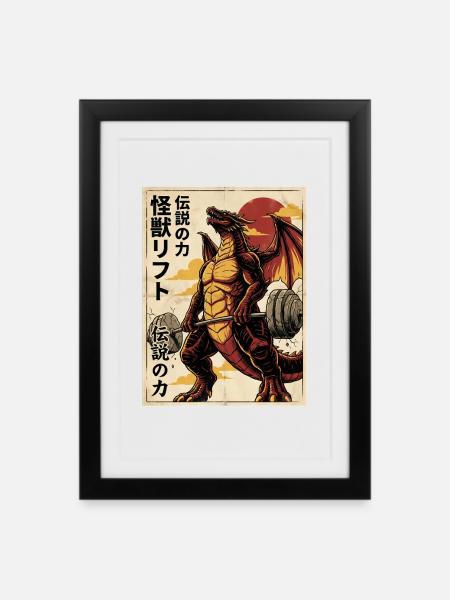 Kaiju Deadlift Dragon Japanese Monster Fitness Gym - Framed poster (27 × 37 cm) - black