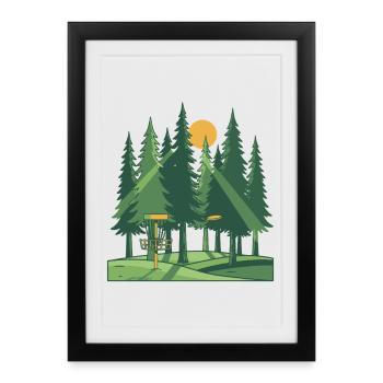 Disc Golf Forêt Coucher de soleil Scène du panier volant à disque - Affiche encadrée (27 × 37 cm) - noir - Devant