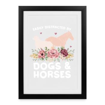 Hunde und Pferde mit Blumenkranz - Gerahmtes Poster (27 × 37 cm) - Schwarz - Vorne