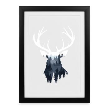 Hirsch, Wald, Natur, Wildnis, Outdoor, Tier - Gerahmtes Poster (27 × 37 cm) - Schwarz - Vorne