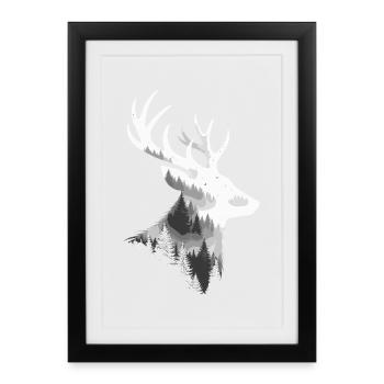 Hirsch, Wald, Natur, Wildnis, Outdoor, Tier - Gerahmtes Poster (27 × 37 cm) - Schwarz - Vorne