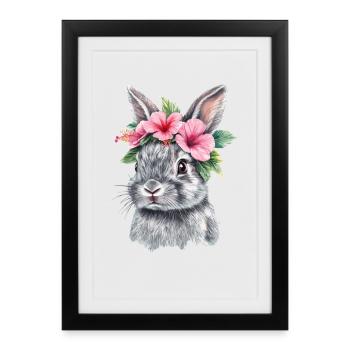 Lapin avec couronne de fleurs - Affiche encadrée (27 × 37 cm) - noir - Devant