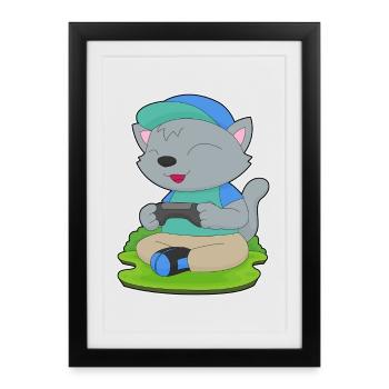 Katze Gamer Controller - Gerahmtes Poster (27 × 37 cm) - Schwarz - Vorne