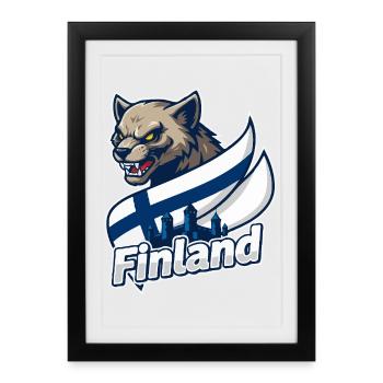 Le loup de Finlande avec drapeau finlandais - Affiche encadrée (27 × 37 cm) - noir - Devant