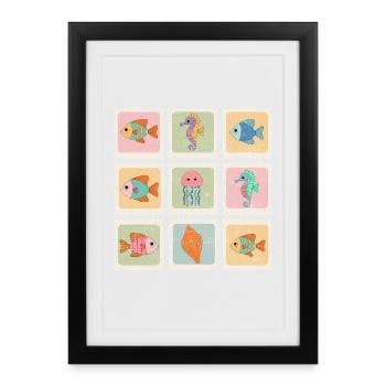 Animals of the Sea Pattern Stamps - Framed poster (27 × 37 cm) - black - Front