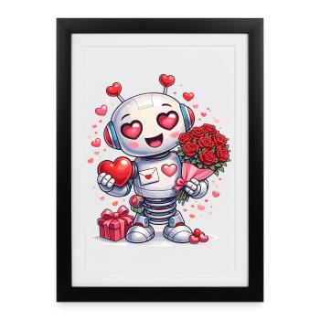Robot amoureux – motif de la Saint-Valentin avec le cœur - Affiche encadrée (27 × 37 cm) - noir - Devant
