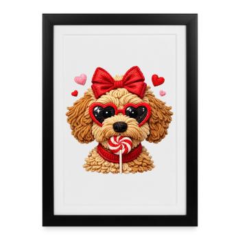 Un petit chien d’amour mignon avec des lunettes en forme de cœur et une sucette - Affiche encadrée (27 × 37 cm) - noir - Devant