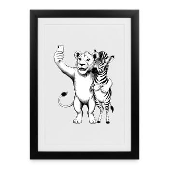 Lion et zèbre - Affiche encadrée (27 × 37 cm) - noir - Devant