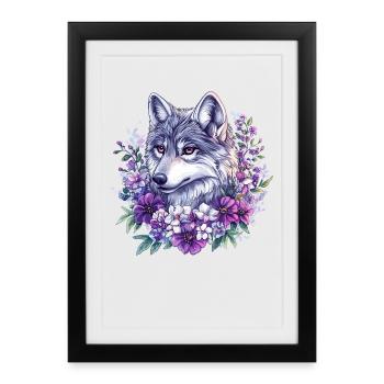Loup fleur dans un cadre aquarelle - Affiche encadrée (27 × 37 cm) - noir - Devant