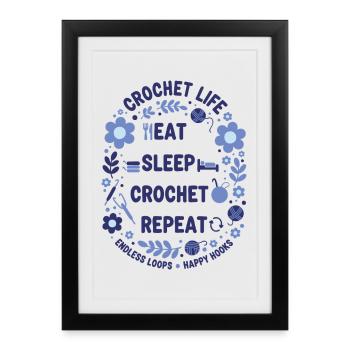 La vie au crochet Mange Sommeil Crochet Répète Happy Hooks - Affiche encadrée (27 × 37 cm) - noir - Devant