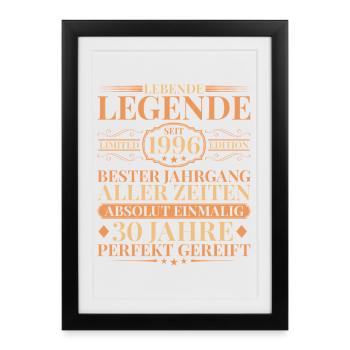 Année de fabrication Né en 1996 30e anniversaire unique - Affiche encadrée (27 × 37 cm) - noir - Devant