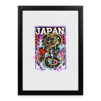 Otaku Samurai & Dragon - Art de rue néon cyber - Affiche encadrée (27 × 37 cm) - noir - Devant