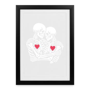 Un couple squelette avec des cœurs s’embrasse pour la Saint-Valentin - Affiche encadrée (27 × 37 cm) - noir - Devant