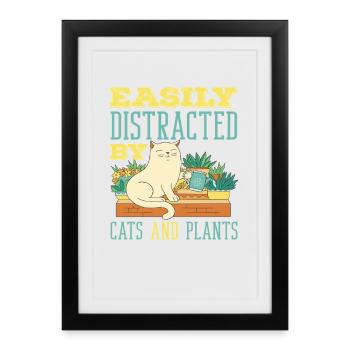 Facilement distrait par les chats et les plantes - Affiche encadrée (27 × 37 cm) - noir - Devant