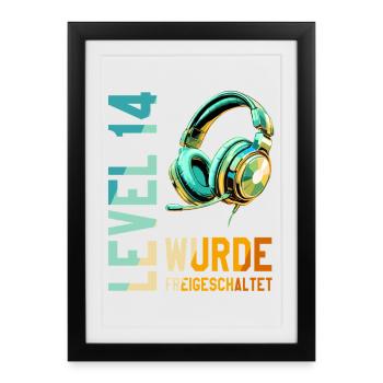 14e anniversaire Garçon Fille Adolescent Niveau 14 - Affiche encadrée (27 × 37 cm) - noir - Devant