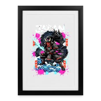 Hannya Samurai Dragon – Streetwear néon japonais - Affiche encadrée (27 × 37 cm) - noir - Devant