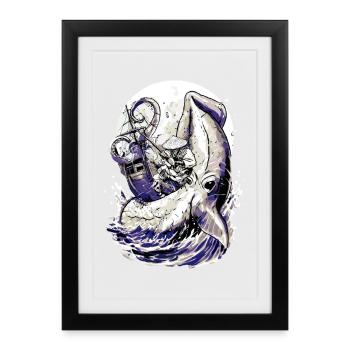 Combat contre le kraken du pêcheur japonais – Ukiyo-e Squid - Affiche encadrée (27 × 37 cm) - noir - Devant