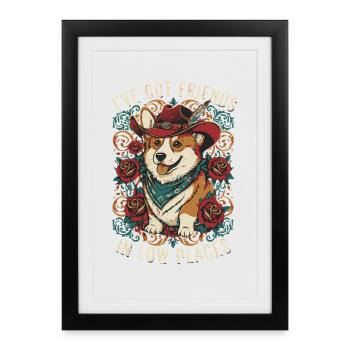 Chien Corgi Cowboy - Affiche encadrée (27 × 37 cm) - noir - Devant