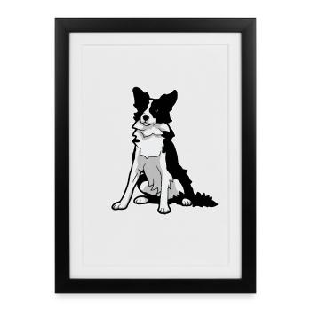 Portrait de chien en art minimaliste au trait Border Collie - Affiche encadrée (27 × 37 cm) - noir - Devant