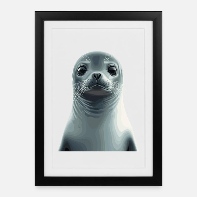 Graustufen Robbenillustration - Gerahmtes Poster (27 × 37 cm) - Schwarz