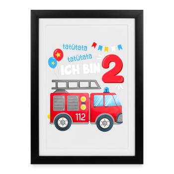 Uniforme de garçon de deuxième anniversaire 2 ans de la brigade des pompiers - Affiche encadrée (27 × 37 cm) - noir - Devant