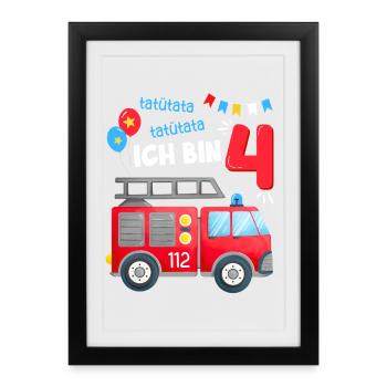 Uniforme de garçon de 4 ans pour le quatrième anniversaire de la brigade des pompiers - Affiche encadrée (27 × 37 cm) - noir - Devant