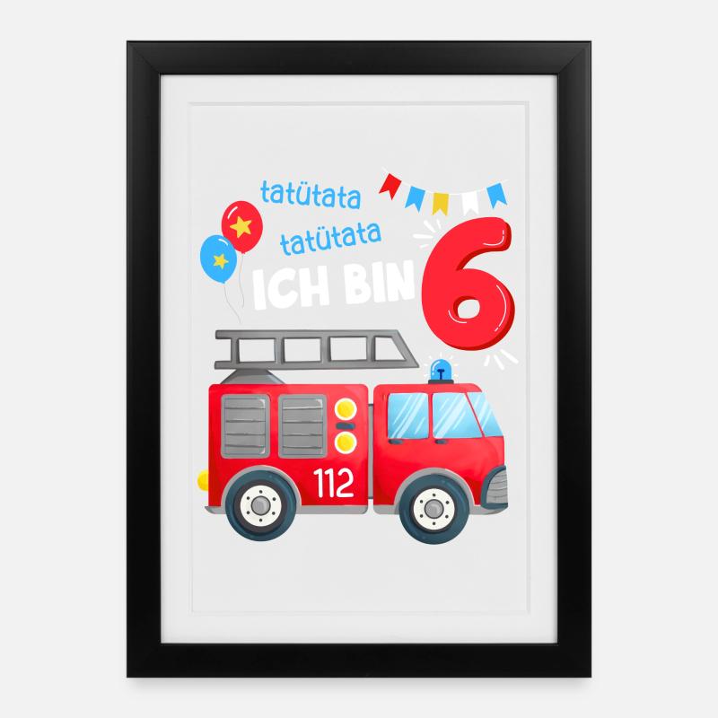 Ich bin 6 Feuerwehr Geburtstag 6 Junge - Gerahmtes Poster (27 × 37 cm) - Schwarz